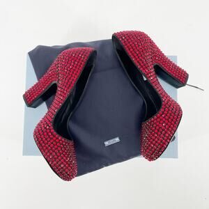 Prada Red Crystal Covered Satin Block Heel Ruby Slipper Pumps IT 37.5 Runway